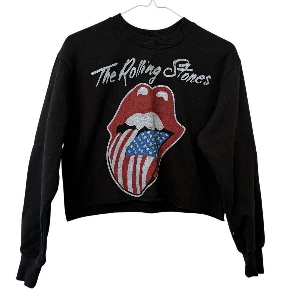 The Rolling Stones American Tongue Crew Neck Cropped Black Sweatshirt Size XS